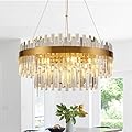 PAFEE Modern Luxury Brushed Brass Gold Crystal Chandelier, 6-Light 2-Tier Raindrop Round Pendant Ceiling Light for Dining Room,Kitchen Island,Foyer,Bedroom,Entryway - 19.7" D,E12 Base