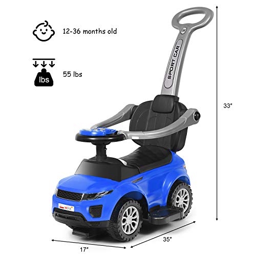 Image of Costzon 3 in 1 Ride on Push Car, Stroller Sliding Walking Car with Horn, Music, Light, Under Seat Storage, Parental Handle, Armrest Guardrails, Ride on Toy for Boys & Girls (Blue)