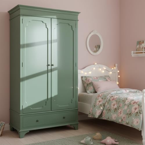 Image of APRODZ Mango Wood 2 Door Wardrobe for Bedroom Living Room | Wooden Almirah with 1 Drawer, Hanging Rod & Shelves | Modular Clothes Cupboard, Storage Organizer Cabinet Furniture for Home (Khaki Green)