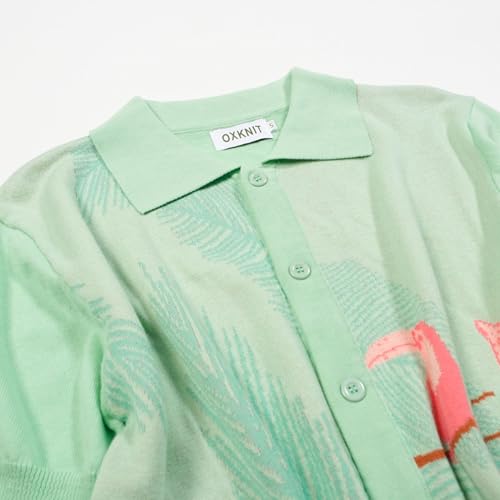 Men's Knitted Polo Shirt, 1960s Mod Style Retro Animal Pattern Poloshirt with Button, Light Green3