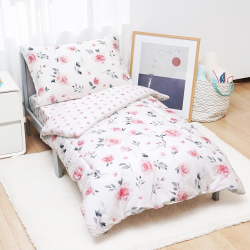 Image of david's kids 4 Piece Toddler Bedding Set - Soft Breathable Toddler Bedding Set for Girls, Includes Quilted Comforter, Flat Sheet, Fitted Sheet and Pillowcase, Pink Floral