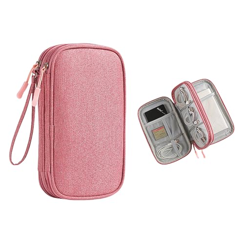 Orirya ガジェットポーチ 大容量 小物収納ケース 2層式 ケーブル収納バッグ トラベルポーチ 撥水 コンパクト ストラップ付き 出張 旅行用 持ち運び便利 仕切り付 モバイルアクセサリー 整理ポーチ 20×11×4.5cm ピンク