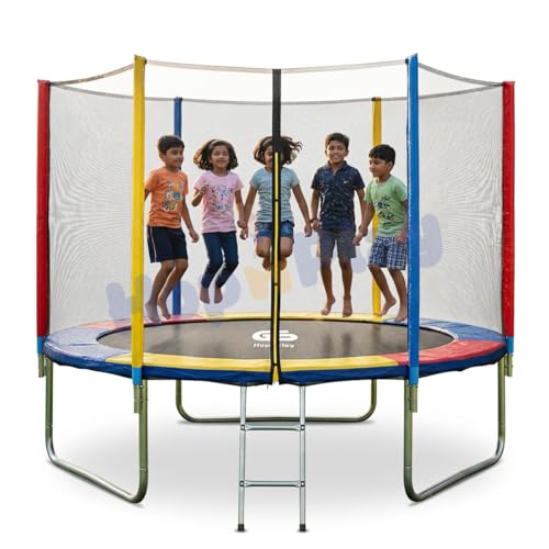 Image of Hop N Play 10FT Trampoline for Kids & Adults with Safety Net, Ladder & Cushioned Poles | Heavy Duty Outdoor & Indoor Fitness Bouncer | 175kg Capacity | Backyard Jumping Jhula