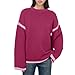 Women's Crewneck Knit Sweater Fall Casual Long Sleeve Contrast Ribbed Knit Pullover Jumper Tops Oversized Outfit (Rose Red,Medium)