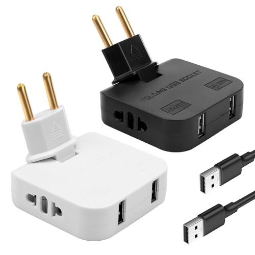 2 Pack Ladrón de enchufes Plano con USB + Adaptador USB-USB C, Diseño Fino para Lugares sin Espacio (detrás de TV, Cama) Cabezal Giratorio 180º Adaptador Americano y Europeo 220 V