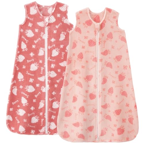 Image of Unnivoll Fleece Baby Sleep Sack 0-6 Months 2.0 Tog Baby Wearable Blanket with 2-Way Zipper Warm Sleeping Sack for Toddler Infant Newborn - Small Pink Strawberry