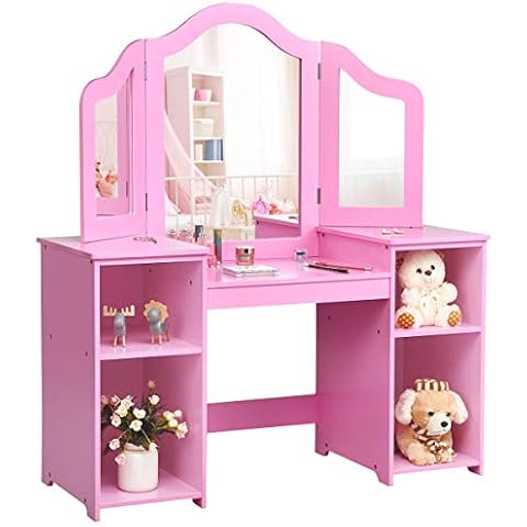 DREAMADE 2 in 1 Kinder Schminktisch mit abnehmbarem Spiegel, Prinzessin Frisiertisch mit 4 offenen Ablageflächen, Kinderschminktisch, Kosmetiktisch für Kinder Mädchen (Rosa) Cover
