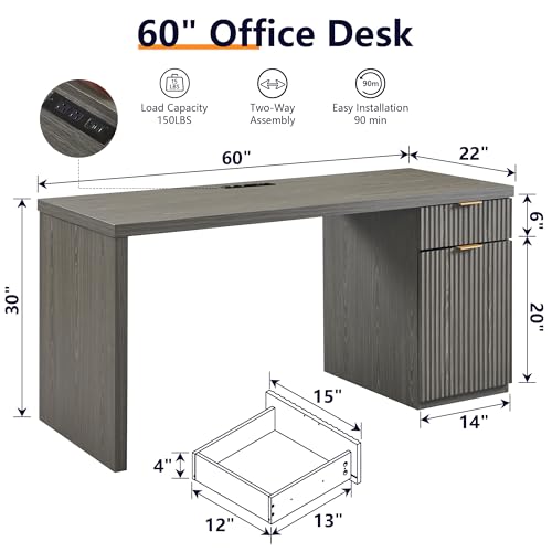 Image of 60 inch Modern Executive Desk, Reversible Left‑Right Cabinet, Built‑in Outlet | Reversible design lets you fix the cabinet on left‑hand or right‑hand side to fit your room layout
