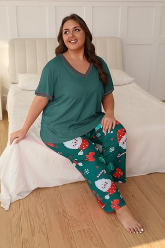 Image of Vozanet Women's Plus Size Pajama Sets Short Sleeve Long Pants Solid Color with Piping Trim Elegant Loungewear Cozy Sleepwear
