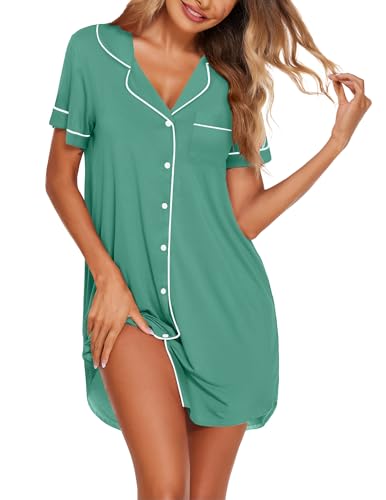 Image of Ekouaer Nightgowns for Women Bamboo Viscose Sleep Shirts Button Down Night Shirt Short Sleeve Boyfriend Pajama Dress
