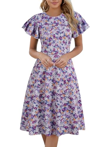 Image of MSLG Women's Fit and Flare Ruffle Short Sleeves Dresses Work V-Back Cocktail Semi Formal A Line Dress with Pockets 842
