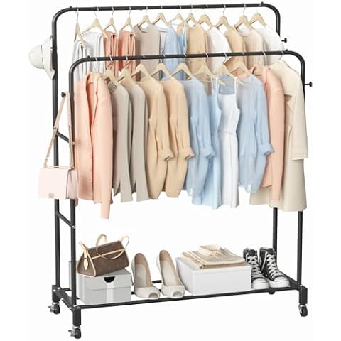 Sooyee Double Rod Clothing Rack with Wheels,3 Tier Garment Racks for Hanging Clothes,Portable Clothes Rack with 4 Hooks for Bedroom,Laundry Room,Black Cover