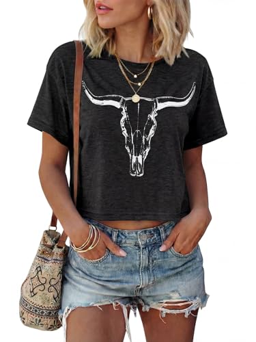 Western Shirts for Women Cow Skull Crop Graphic Tees Short Sleeve Crewneck Funny Cowgirl Country Concert T Shirt