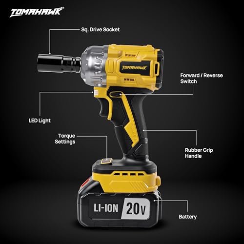 Image of Tomahawk TIS-699 Brushless Cordless Impact Wrench Kit, 400Nm High Torque, 1 /2 Inch Square Drive, 2x 3.0Ah Batteries, LED Light, Reverse Self Stop, Sockets, & Carry Case