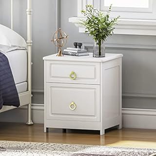 White Wooden Bedside Table Set of 2, 2 Drawer Nightstand Side Table with Gold Drawer Rings for Bedroom, Living Room, 40x36x47cm