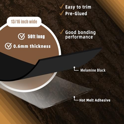 Image of GSCIT Club Black Flexible Edging Trim for Plywood Cabinet Furniture, 13 /16 inch x 50ft Melamine Edge Banding with Hot Melt Adhesive Pre-glued