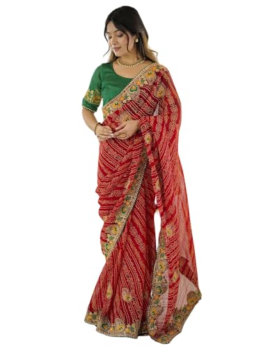 Image of Satrani Women's Georgette Bandhani Printed Embroidered gota lace Saree with Unstitched Blouse Piece