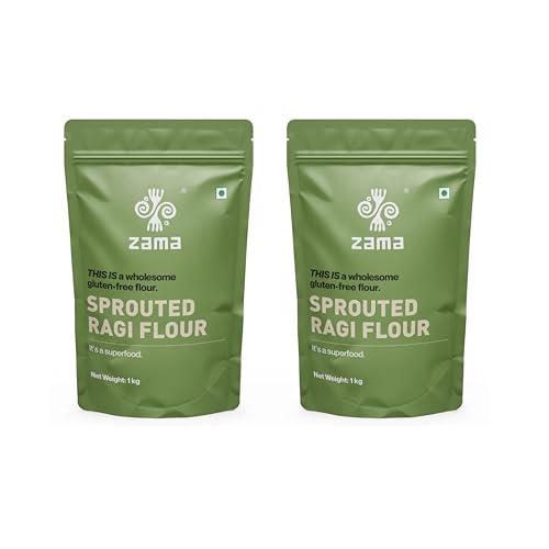 Zama Organics Sprouted Ragi Flour 1kg Pack of 2| 100% Organically Grown Natural Nachni Atta | Gluten Free Finger Millet Flour | No Additives or Preservatives | Low Glycemic Index