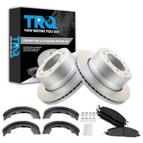 Image of TRQ Rear Brake Pad & Rotor Kit Parking Brake Shoe Set Ceramic Premium G-Coated Compatible with 2009-2010 Dodge Ram 2500, 3500 2011-2018 Ram 2500 3500
