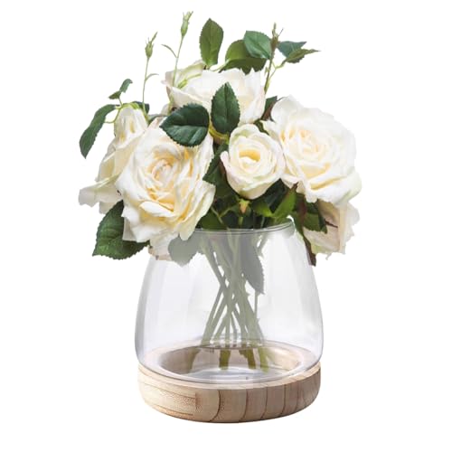 MININUSI Jarrón de Cristal Redondo 19.5 * 11cm Grande Jarrón de Vidrio Transparente con Base de Madera Jarrón para Centro...