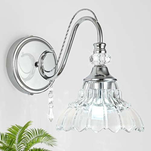 Image of 1 Piece Brushed Chrome Finish Wall Sconce, 1-Light Modern Wall Sconce with Hanging Crystal Accents and Flower-Shaped Clear Shades for Bathroom Bedroom Living Room,Modern Vanity Light