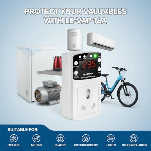 Image of LEYDEN LE-VAP 16A, 220VAC Under Over Voltage Protection Plug, Over Current & Dry Run Protection, Off & Cyclic Timer (1-999 min), 4000V Surge Protector for AC, Pump, Freezer, Geyser