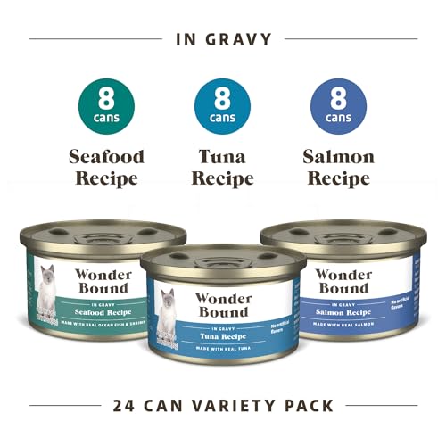 Image of Amazon Brand - Wonder Bound Canned Wet Cat Food Variety Pack (Seafood, Tuna and Salmon Recipes in Gravy), Adult Recipe, 3 Ounce (Pack of 24)