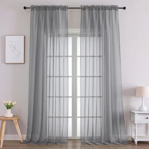 Image of OVZME Sheer Charcoal Grey Curtains 108 Inches Long 2 Panels Set, 59 Inch Extra Wide Lightweight Airy Charcoal Grey Sheer Curtain for Living Room Bedroom, Filmy Voile Rod Pocket, 59Wx108L Inches