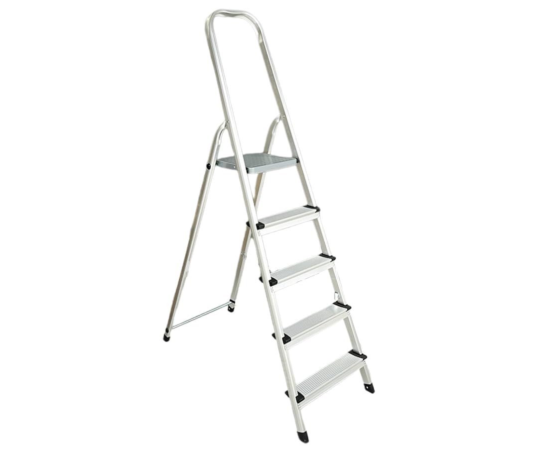 5 Step Ladder Aluminium Folding Step Ladder - With Anti-Slip Steps & Non-Slip Feet, Tool Tray, Household, Kitchen, Garage, Decorating, DIY - MAX 150kg - EN131 Approved