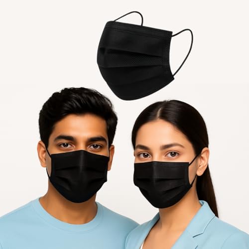 Image of MASQ By Q-One Single Use Disposable Black Face Mask, Soft on Skin, 3-ply Masks Facial Cover with Elastic Earloops and Nose Clip Great For Home, Office, School, and Outdoors