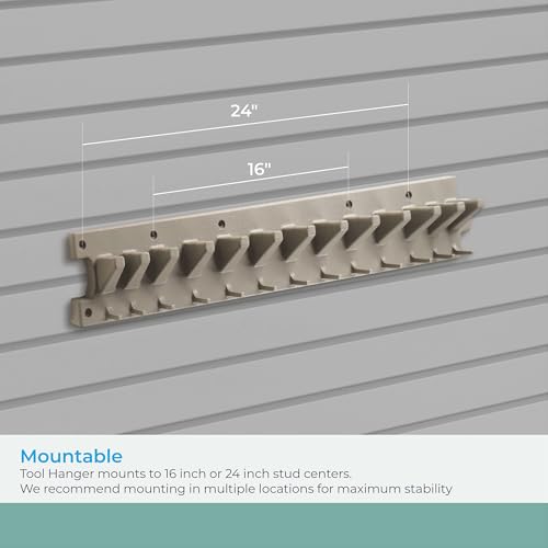 Suncast V713 2 Foot Wall Mounted Garage Garden Hand Tool Organizer with Smart Tilt Back Design and 30 Pound Total Capacity, Platinum, 2 Pack - image 3