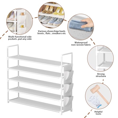 Image of OYREL 5 Tier Shoe Organizer, 33.3in Wide x 11.2in Deep x 35.6in Tall, Black Metal and Plastic Shoe Rack with Side Bag, Holds 20-25 Pairs of Shoes