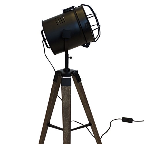 Holz Stativlampe mit Metallscheinwerfer E14 H64cm Schwarz/Natur - Stehlampe Dreibeinlampe Dreibein Tripod Tripodlampe… – Bild 3