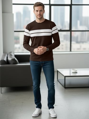 Image of LEOTUDE Stylist Regular fit Full Sleeve Cottonblend Solid Round Neck Tshirt for Man (Color Brown)