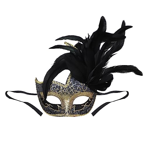 Venetian Face Cover Mask with Feather Decoration - Women's Masquerade Eye Mask for Halloween Mardi Gras, Gold - Image 2
