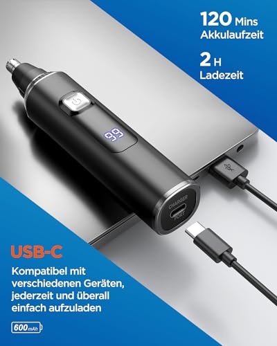 Nasenhaartrimmer Herren, 3 In 1 Nasenhaarschneider mit LED Akku Anzeige,USB-C Nasentrimmer Ohrhaartrimmer Augenbrauenrasierer,für Männer & Frauen,Gesichtshaarentferner Doppelklingen Schmerzfreier IPX7 5