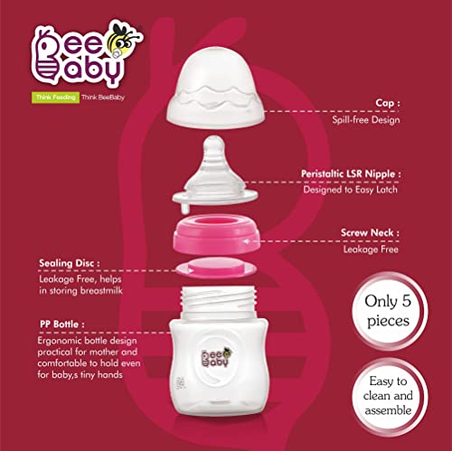 Image of BeeBaby Ease Wide Neck Feeding Bottle 150 ml | BPA Free Easy Latching Baby Milk Bottle for Newborns & Infants | Soft Silicone Anti-Colic Nipple Medium Flow (4 Months +) |Pink, Pack of 2