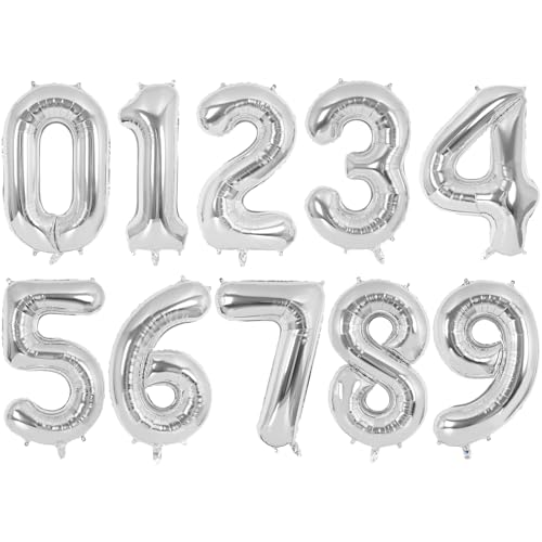 Image of 16 Inch Number 0-9 balloons, Silver Number Foil Balloons, Small Mylar Numbers Balloon Custom Digital Balloons for Birthday Aniversary Baby Shower Party Decorations Supplies