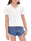 Girls Summer T-Shirt Short Sleeve Lace Trim Tops V Neck Casual Blouse Shirts for 11-12 Years Kids Wh