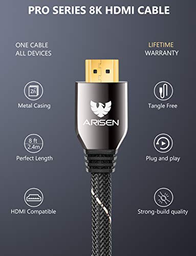 HDMI 2.1 Cable, Ultra High Speed 48Gbps 8K HDMI Cable 8ft, Heavy Duty Braided HDMI Cord, 8K@60Hz 4K@120Hz, Dolby Vision HDR10 4:4:4, eARC, Compatible with UHD TV Blu-ray PS4 PS5 Xbox Projector - Thumbnail 4