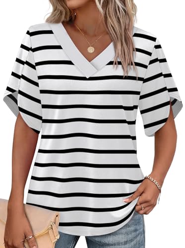 Image of WIHOLL Womens Summer Tops Short Petal Sleeve Shirts Fashion V Neck Womens Clothing