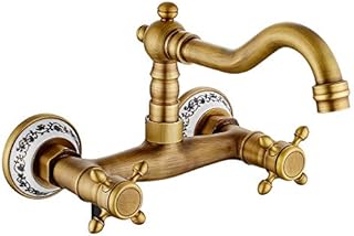 Robinet de cuisine mural robinet lavabo vintage monocommande avec céramique en laiton avec eau froide et chaude mélangeur d'évier ancien