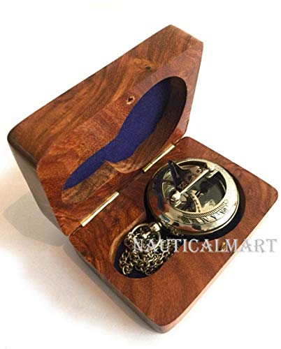 Chrome Push Button Direction Sundial Compass with Wooden Box and Chain Beautiful Handmade Collectible Gifts- Sundial Clock