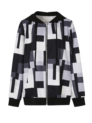 SweatyRocks Women's Plus Size Zip Up Hoodies Geometric Print Drawstring Collar Hooded Sweatshirt2