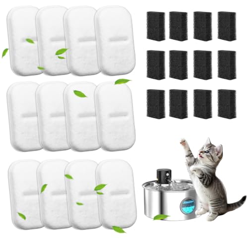 12+12 Packs Cat Water Filters Replacement for 108Oz/3.2L & 67Oz/2L Stainless Steel Pet Water Dispenser Cat/Dog Indoor Water Dispenser Fountain for Most Pet Water Fountains 12 Filters & 12 Sponges