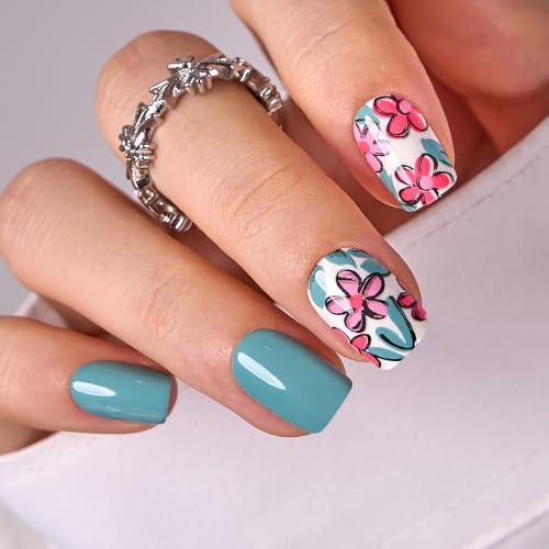 Image of Curvlife Press On Nails Kit - Full Cover False Nail Tips with Trendy Designs, Reusable & Glue Included - Easy Application Nail Accessories for Women (flower3, Short)