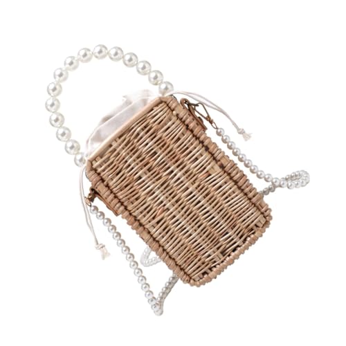Sac bandoulière en paille kaki VANZACK avec perles et grande ouverture pour femmes