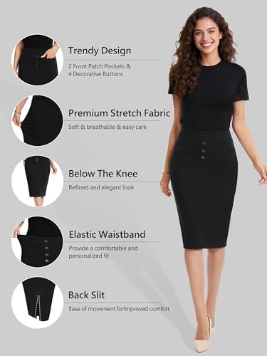 SEVEGO Women's Pencil Skirt Stretch High Waist Below Knee Bodycon for Office Casual with Patch Pockets3