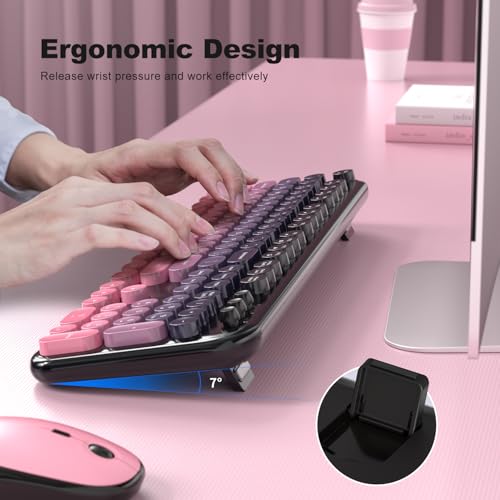 Image of Wireless Keyboard Mouse Combo - Lovely CherryPink-Gradient Rainbow Full-Sized Typewriter Colorful Keyboards, Round Keycap Plug Play Retro Cute Keyboards for Windows, Laptop, PC, Desktop, Computer