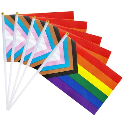 NOLITOY 5 Stücke Handheld Fortschritt Pride Flaggen Kleine Regenbogen Ornamente mit Kunststoffstange Langlebig für Outdoor und Versammlungen
